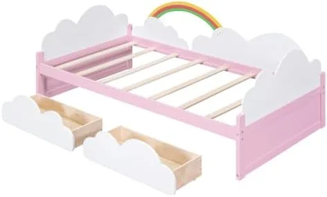 Miniatura 6 de Cama de tamaño individual con nubes – Base de cama artística con elementos del cielo y toque verde – Perfecto para niñas – Cama divertida e