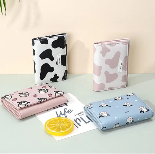 Miniatura 6 de Linda cartera pequeña Copmact para mujeres y niñas, triple tarjetero para identificación, ventana, bolsillo para efectivo, estampado de vaca