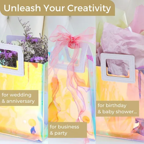 Miniatura 3 de VUOJUR Bolsa de regalo holográfica grande de 12.8 x 11.6 x 5.7 pulgadas, transparente, reutilizable, bolsa de regalo de cumpleaños para mujeres