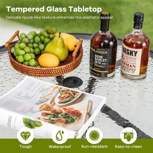 Miniatura 8 de Tangkula Mesa de Comedor Redonda de Vidrio para Patio de 27.5 Pulgadas con Agujero para Sombrilla de 1.57", Marco de Metal Resistente, Mesa Auxiliar