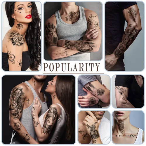Miniatura 6 de 77 hojas de tatuajes temporales para hombres y mujeres, 17 hojas de tatuajes falsos de medio brazo, pecho y hombro, 60 hojas de tatuajes negros