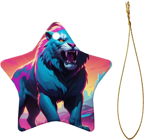 Miniatura 2 de Synthwave Sabertooth Printed Star Shape Ceramic Pendant, Perfect for Decorating Your Home Christmas Tree for Winter Parties