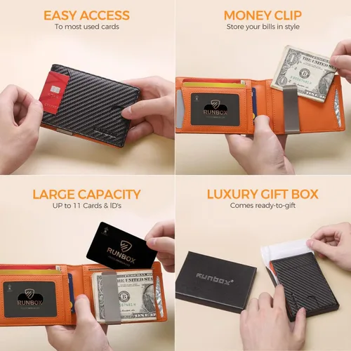 Miniatura 6 de RUNBOX - Carteras delgadas para hombre, cartera de piel con pinza para el dinero, cartera de bolsillo frontal con bloqueo RFID, tarjetero