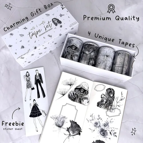 Miniatura 5 de Fayware 4 Cintas de PET para Álbum de Recortes y Diarios - Suministros de Diario Basura en Blanco y Negro para Proyectos de Manualidades y Artes DIY