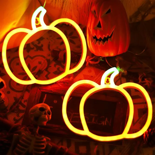 Luces de neón de calabaza para decoración de Halloween, paquete de 2 lindas luces de Acción de Gracias naranja y verde para el hogar, funciona con
