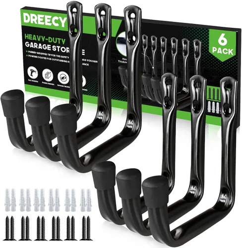 Dreecy Ganchos J utilitarios para colgar ganchos resistentes de almacenamiento de garaje para pared de garaje, color negro, paquete de 6