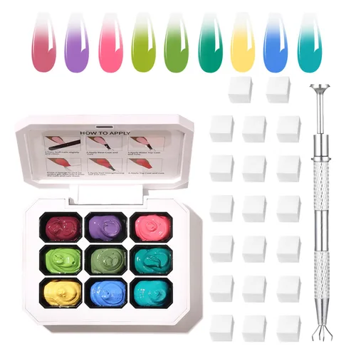 Miniatura 25 de Finger Secret - Juego de 9 colores de esmalte de uñas de gel Ombre Pat, paleta de esmaltes de gel con 20 esponjas de uñas para arte de uñas de gel