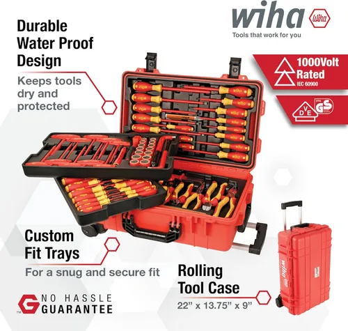 Miniatura 2 de Wiha 32800, juego de herramientas aisladas con destornilladores, llaves para tuercas, alicates, cortadores, regla, cuchillo y dados en estuche