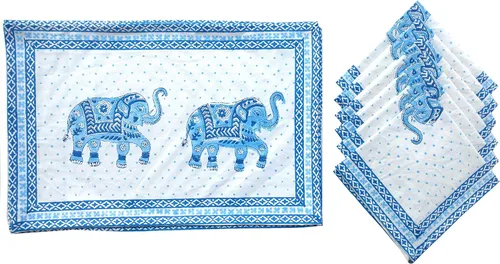 Miniatura 17 de Rastogi Handicrafts Juego de 6 manteles individuales 100 % algodón estilo indio para mesa de comedor y servilletas (azul 1)