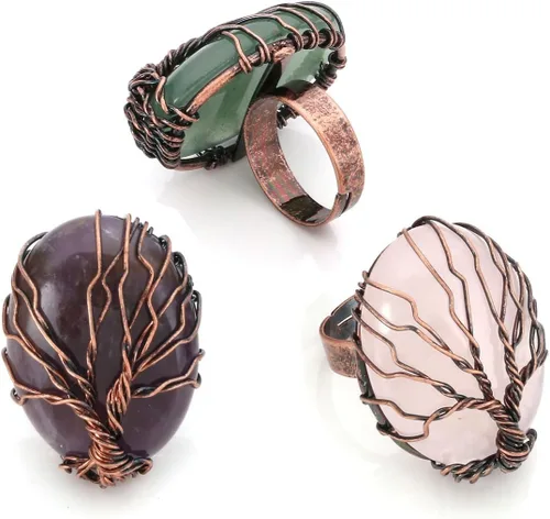 Top Plaza Anillo Ajustable de Banda de Bronce Hecho a Mano Retro Vintage de Alambre de Cobre Envuelto Árbol de la Vida Piedra Preciosa de Cristal