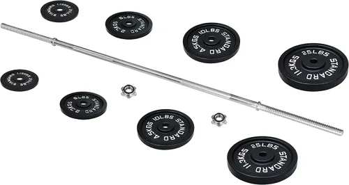 Miniatura 5 de Fitvids - Placas de peso estándar de hierro fundido, incluyendo barra estándar de 5 pies con bloqueos en estrella, juego de 95 libras