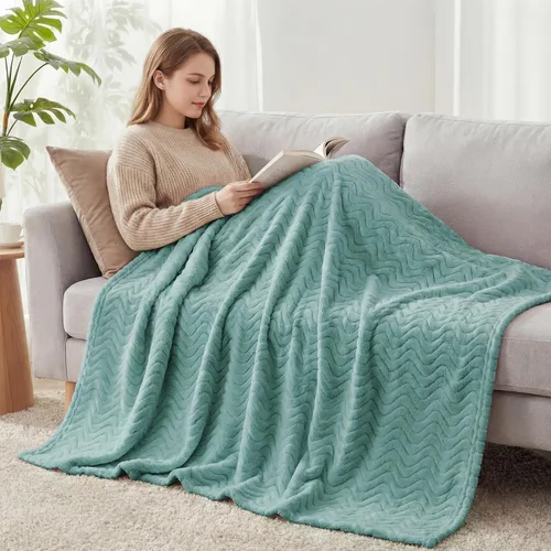 Miniatura 8 de Exclusivo Mezcla - Manta Queen para cama, mantas de vellón ligeras y acogedoras con textura decorativa de ola, adecuadas para invierno, celadón, 90
