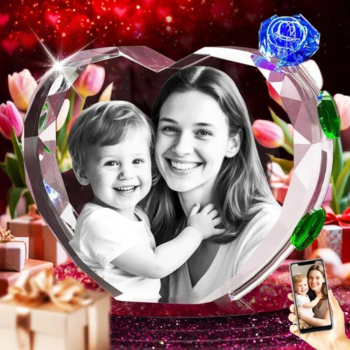 QPCBEBY Foto de cristal 3D con rosa de cristal rojo, regalos personalizados para el día de la madre para mamá, esposa, mujer, ella, novia, pareja,