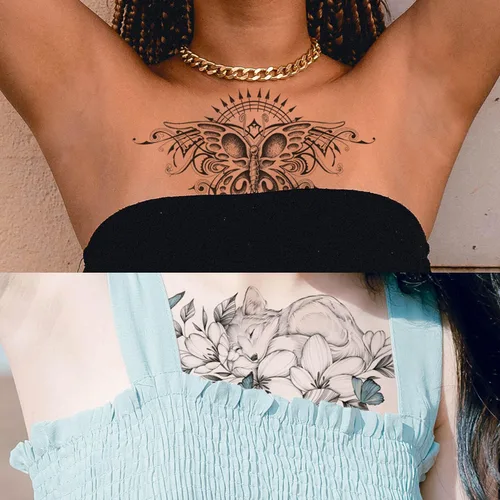 Miniatura 3 de GLARYYEARS Tatuajes temporales para debajo del busto y pecho para mujeres y niñas, paquete de 6, tatuajes falsos negros, realistas, grandes