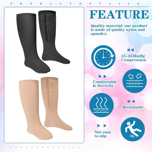 Miniatura 5 de Hillban 2 pares de calcetines de compresión anchos con cremallera de pantorrilla de talla grande de 15 a 25 Mmhg para mujeres y hombres con sobrepeso