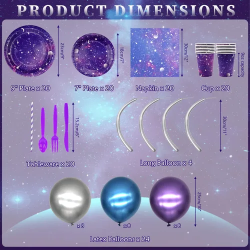 Miniatura 4 de Suministros de fiesta de galaxia, incluye telón de fondo de cumpleaños de galaxia espacial, platos, servilletas, vasos, mantel, globos, globos