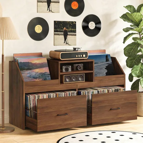 Miniatura 7 de Soporte grande para tocadiscos con estación de carga y 2 cajones deslizantes, armario de almacenamiento de discos con almacenamiento de vinilo