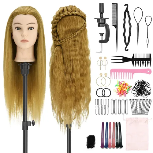 Cabeza de maniquí con 90% cabello humano, 24 pulgadas, cabello real femenino de cosmetología, cabeza de maniquí para peinado, cabeza de maniquí para