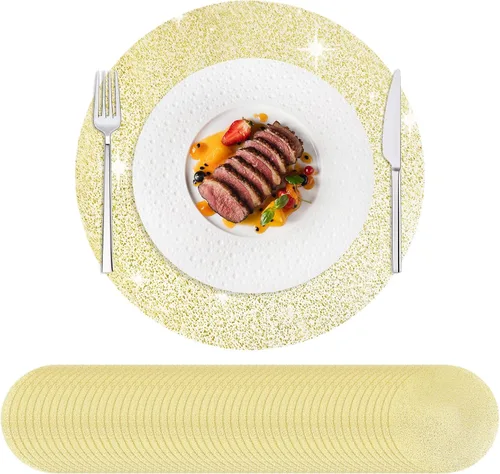 Hysenm Juego de 100 manteles individuales desechables dorados metálicos redondos de 13 pulgadas de malla prensada, tapetes desechables ultrafinos