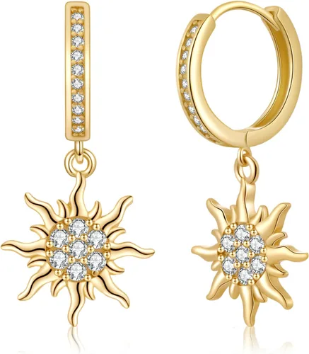 Pendientes de sol dorados para mujer, aretes colgantes para niña, aretes de circonita cúbica, Plata Cobre Circonita cúbica, No es una piedra preciosa