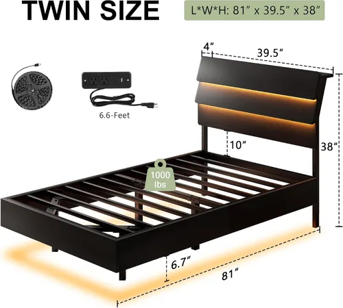 Miniatura 2 de Feonase Base de cama flotante individual con luces LED y estación de carga, marco de cama de madera tamaño individual con cabecera