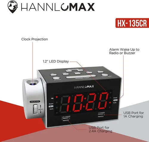 Miniatura 3 de HANNLOMAX HX-135CR - Radio despertador con proyección, radio FM PLL, alarma dual, puertos USB duales para carga de 2.4 A y 1A, pantalla LED roja