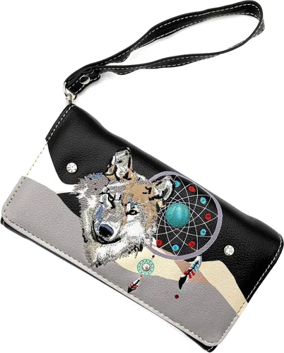 Miniatura 2 de Lobo bordado atrapasueños pluma tribal ocultar llevar bolso de mano