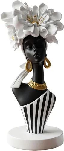 Miniatura 17 de Lescafita Escultura de mujer africana con tocado de flor dorada, figura de resina negra y dorada para decoración del hogar, elegante estatua de dama