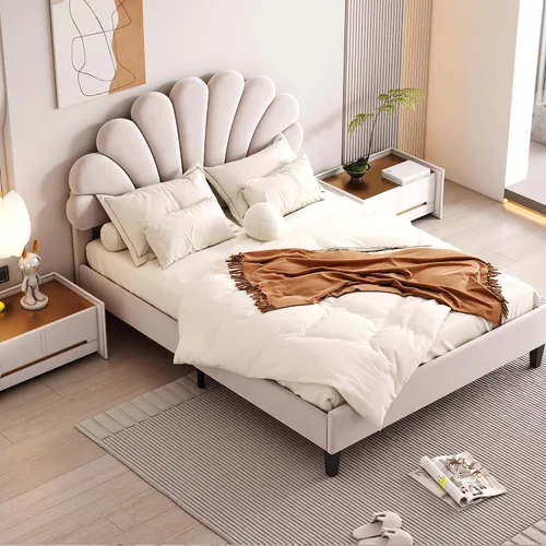 Miniatura 12 de Harper & Bright Designs - Cama de plataforma tapizada tamaño Queen con cabecera de terciopelo con patrón de flores, base de cama de madera