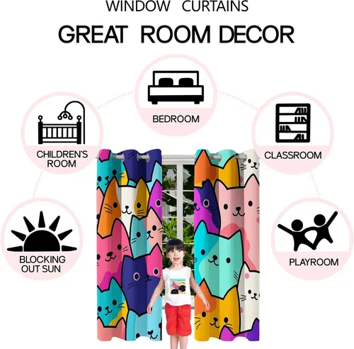 Miniatura 6 de Cortinas de Gato - Lindas Cortinas Opacas de Gato para Habitación de Niños Decoración Kawaii para Dormitorio de Niñas, 2 Paneles, 82 x 63 pulgadas