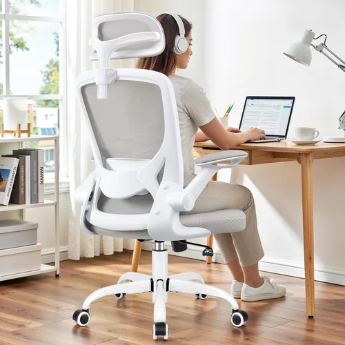 BESTFAIR Silla de oficina ergonómica, sillas de oficina de malla transpirable con soporte lumbar ajustable, brazos abatibles, silla de escritorio