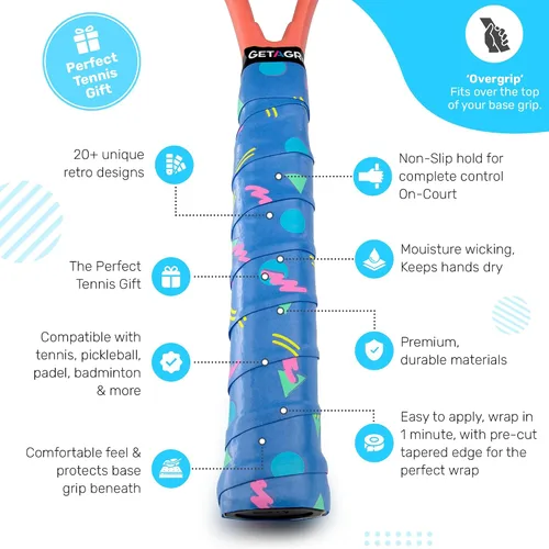 Miniatura 2 de Get A Grip - Grip personalizado para raqueta de tenis - Agarre antideslizante/de secado rápido para tenis - Grip precortado para raqueta de Pack