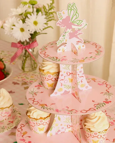 Miniatura 2 de xo, Fetti Garden Fairy Cupcake Tower, 3 niveles Decoraciones de fiesta de mariposa para niños, fiesta de té, cumpleaños, bosque de bosques, país