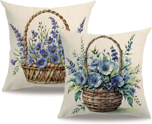 7COLORROOM Paquete de 2 fundas de almohada de flores azules para decoración de jardín al aire libre, fundas de cojín rústicas coloridas con flores