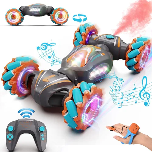 Miniatura 9 de Nicella Coche de control remoto, autos RC rosas para niñas, acrobacias de gestos con luz y música, 4 WD, rotación de 360°, juguetes de auto