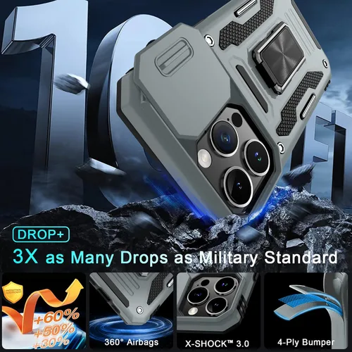 Miniatura 180 de DEERLAMN Funda para iPhone Xs Max con funda deslizante para cámara + protector de pantalla, soporte giratorio de anillo de grado militar a prueba