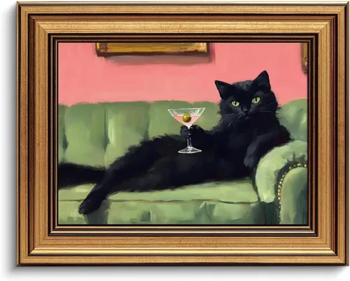 Devunaty Arte de pared de Martini de gato negro enmarcado en oro vintage, decoración de pared de carrito de bar, divertido gato sobre sofá verde,
