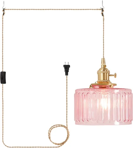 Miniatura 13 de Shenmoyl Lámpara colgante con pantalla de vidrio transparente a rayas, luz colgante vintage de latón, luz colgante ajustable para cocina, isla