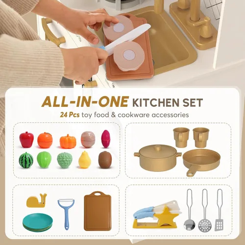 Miniatura 3 de BIERUM Juego de cocina con luces y sonidos realistas, juego de cocina de madera para niños pequeños, cocina de juguete con 26 accesorios de comida