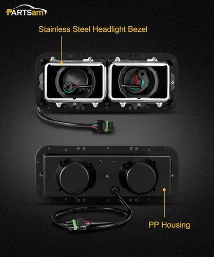Miniatura 3 de Base de carcasa de faro PARTSam con enchufes H4, arneses de cableado, bisel de acero inoxidable de repuesto para Kenworth T600 T800 W900, Peterbilt