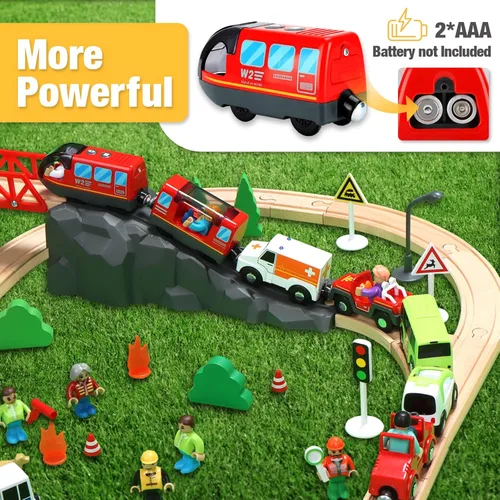 Miniatura 3 de Juego de tren a pilas para vías de tren de madera (con sonido y conexión magnética), potente juego de tren locomotora de acción que se adapta a