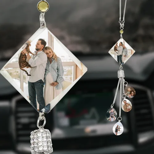 AIFLM Adornos Personalizados de Foto de Cristal para Colgar en Coche Adornos Personalizados Estéticos para Espejo Adornos Personalizados para