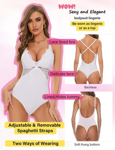 Miniatura 2 de Quzzion Lace Bodysuit Women Tummy Control V Neck Tank Tops Backless Shapewear Thongs One Piece Sexy Lingerie