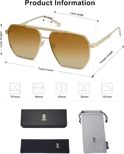 Miniatura 5 de SOJOS Gafas de sol polarizadas cuadradas de gran tamaño retro para mujeres y hombres, tonos vintage, UV400, lentes de sol clásicos grandes de metal