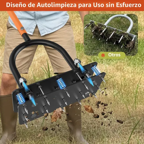 Miniatura 4 de GAINO Aireador manual para césped con 15 puntas, aireador ajustable de 32 a 35 pulgadas con mango en T para césped, diseño automático de expulsión