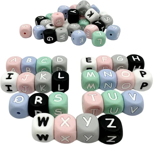 Miniatura 7 de Alfabeto de silicona con 26 cuentas de letras de 0.472 in, 100 cuentas de silicona para collar y pulsera de bricolaje