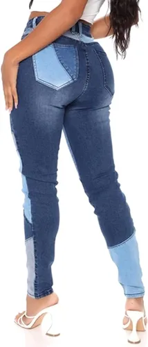 Miniatura 3 de vanberfia - Pantalones elásticos de cintura media para mujer, diseño retazos de mezclilla