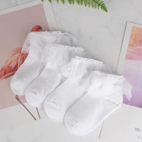 Miniatura 6 de Looching 4 pares de calcetines de princesa de encaje para bebés y niñas pequeñas, calcetines de algodón con volantes sólidos al tobillo