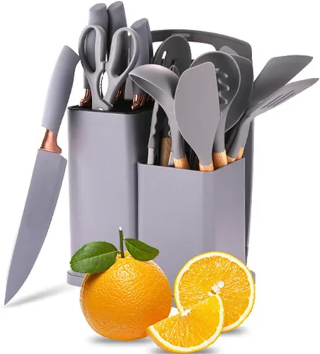 Miniatura 10 de Juego de 19 piezas de utensilios y cuchillos de cocina con bloque, incluye juego de 11 utensilios de cocina de silicona, 5 cuchillos de chef