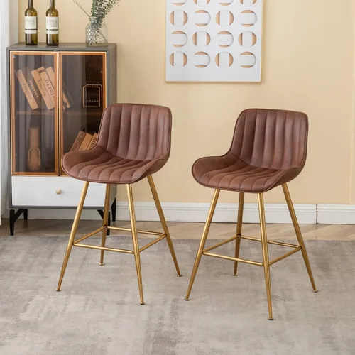 Miniatura 3 de Juego de 2 taburetes de bar marrones, taburetes de bar modernos con respaldo, taburetes de mostrador de 24 pulgadas con patas doradas macizas
